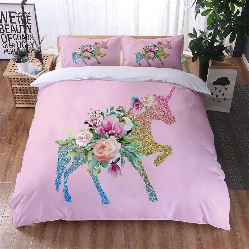 Colorful Luminous Unicorn Print Bedding Set 3D Cartoon Animal Pattern Duvet Cover Bedroom Decor With Pillowcases For Girls Gift