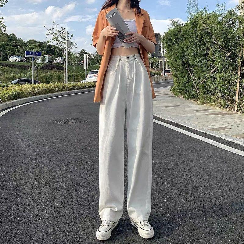 

Белые джинсы женские осенне-зимние новые с высокой посадкой тонкие прямые модные универсальные свободные брюки-швабры широкие брюки клеш тренд M белый