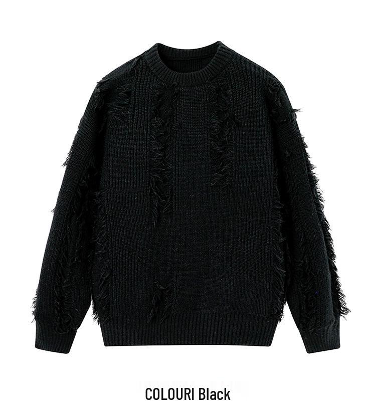 Unisex Fringe Textured Sweater, Loose Round Neck Knitwear - Japanese Lazy Style, Perfect for Autumn/Winter