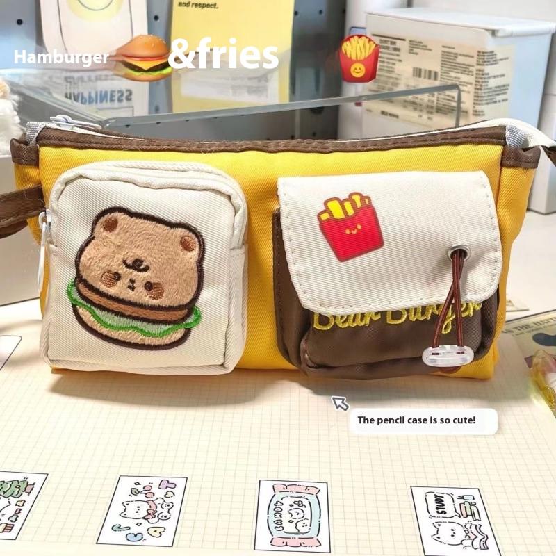 Cute Cartoon Hamburger And French Fries Pencil Case Large Capacity Storage Bag School Supplies Student Supplies Back To School