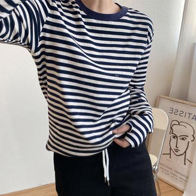 O-neck Long Sleeve Female Cotton Tees Spring Summer Ladies Striped T-shirs Casual Loose Women Pullovers Tops