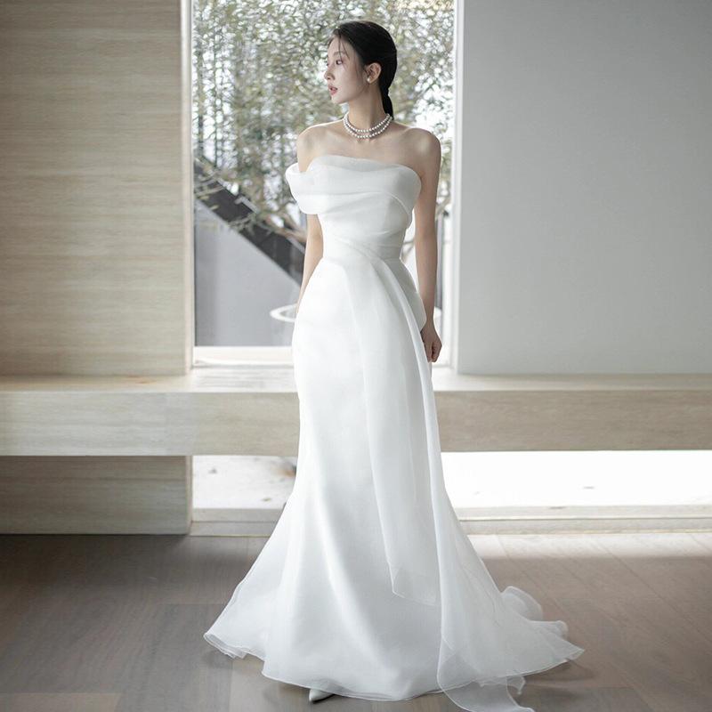 Rochie de mireasă franceză cu un singur cuvânt pe umăr, rochie de mireasă super fairy Mori door, rochie simplă cu temperament, rochie albă, rochie de recepție tip coadă de sirenă