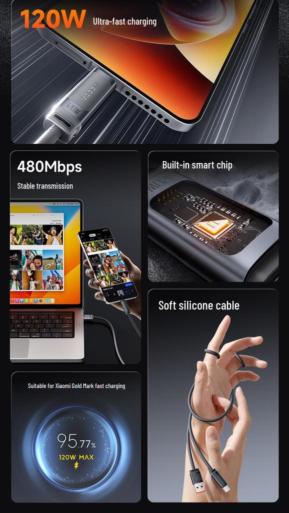 Tookci 120W Fast Charging Silicone Data Cable, Aluminum Alloy Shell, Compatible with Xiaomi 17