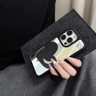 Ins Style Black Love Heart iPhone 15 Case with Mirror and Black Frame for 16 Pro Max