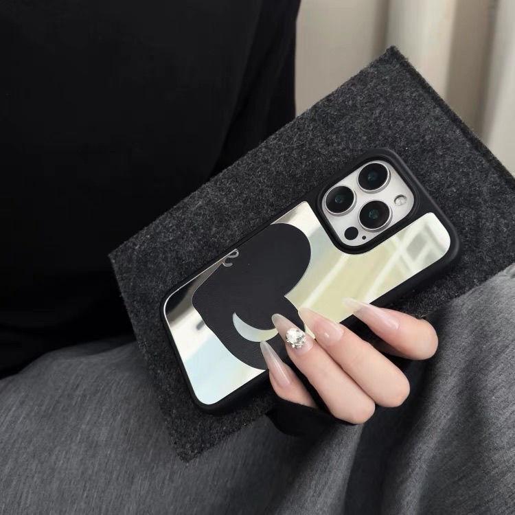 Ins Style Black Love Heart iPhone 15 Case with Mirror and Black Frame for 16 Pro Max