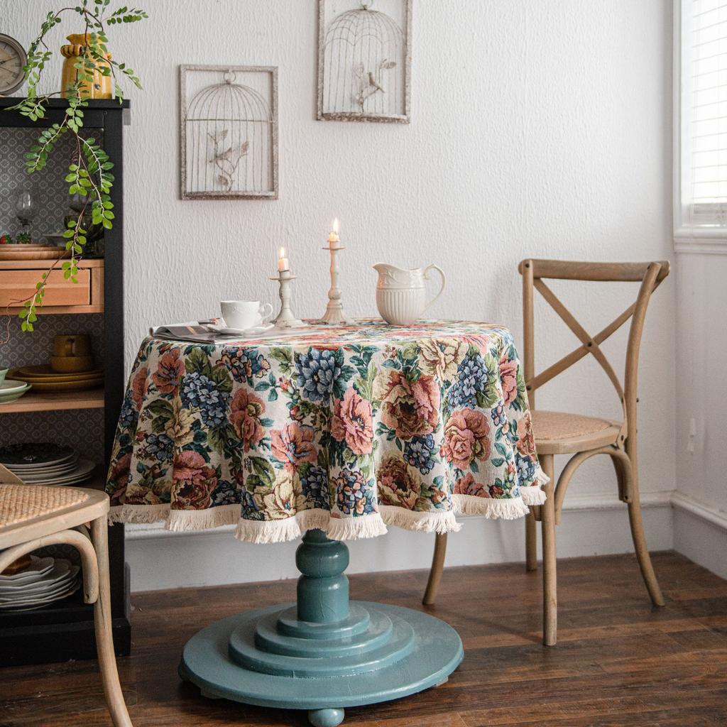Boho Tassel Round Tablecloth Cotton Linen Round Table Cloth for Kitchen Dining Farmhouse Party Tabletop Christmas Decoration