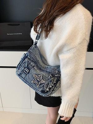 Retro Star Denim Umhängetasche – Trendig, Leicht, Langlebig, Vielseitige Handtasche