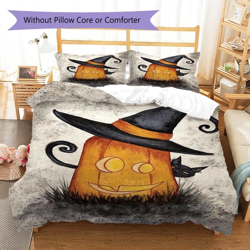 Vintage Pumpkin Witch Hat Black Cat Halloween Art Print 3‑Piece Bedding Set Duvet Cover With Pillowcases for Bedroom Home Decoration