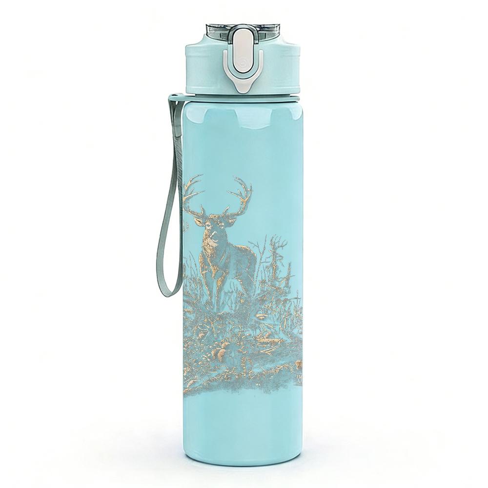 1PC Faint deer animal sketch print 750ml colorful plastic sports water bottle leakproof pop up lid with straw for outdoor work home use
