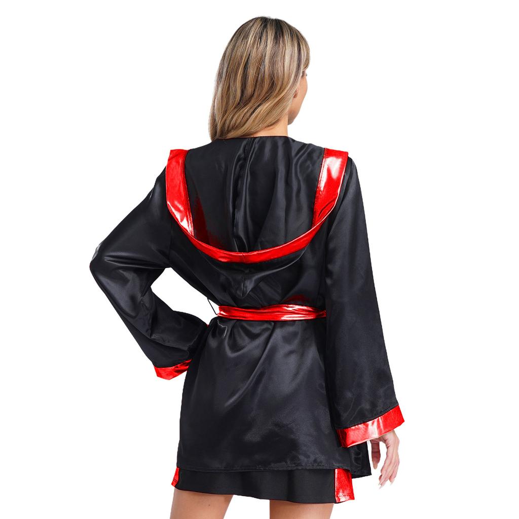 Conjunto de Fantasia de Cosplay de Halloween para Mulheres - Roupa de Ringue de Boxe, Top Regata com Decote em V, Saia, Capuz, Cinto
