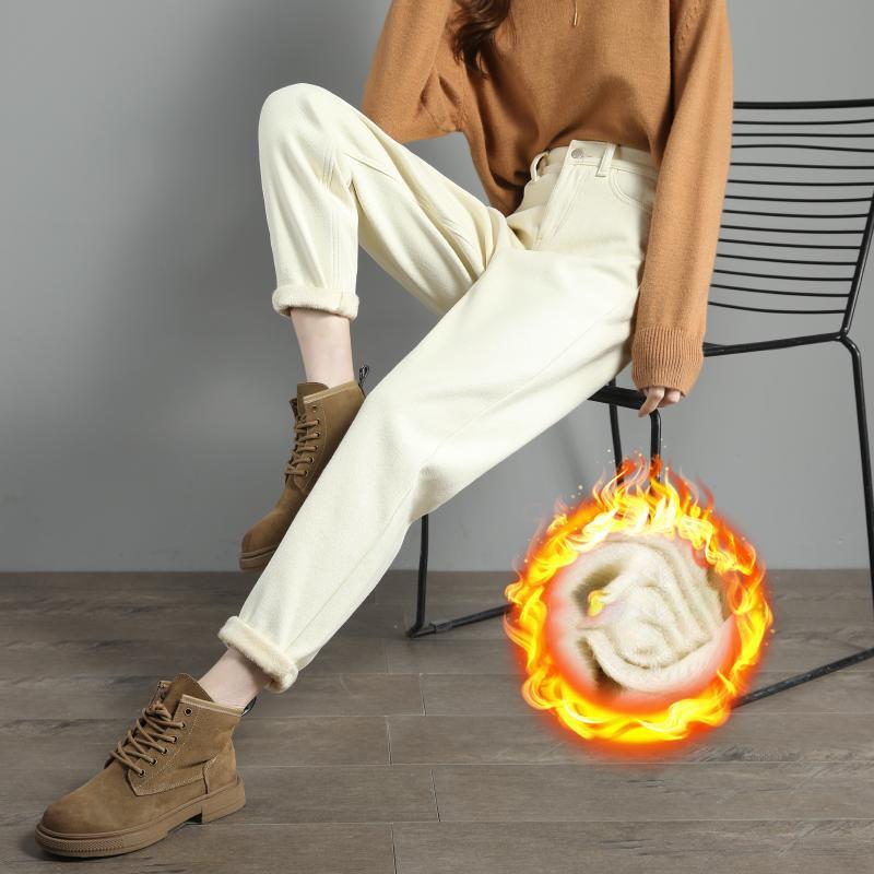 Zimní plyšové volné džíny ke kotníkům sametově podšité s vysokým pasem harémové džínové kalhoty vaqueros pantalones silné dámské džíny