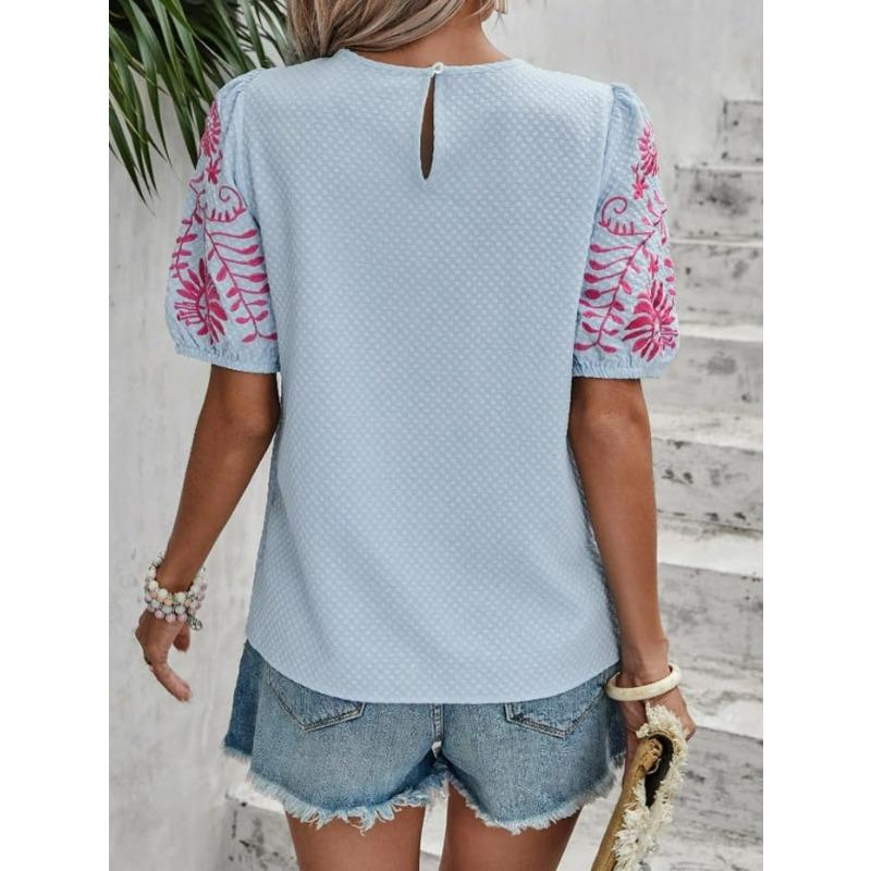 Women's Embroidered Blouse Short Sleeve Crew Neck Floral Sleeve Casual Summer Top