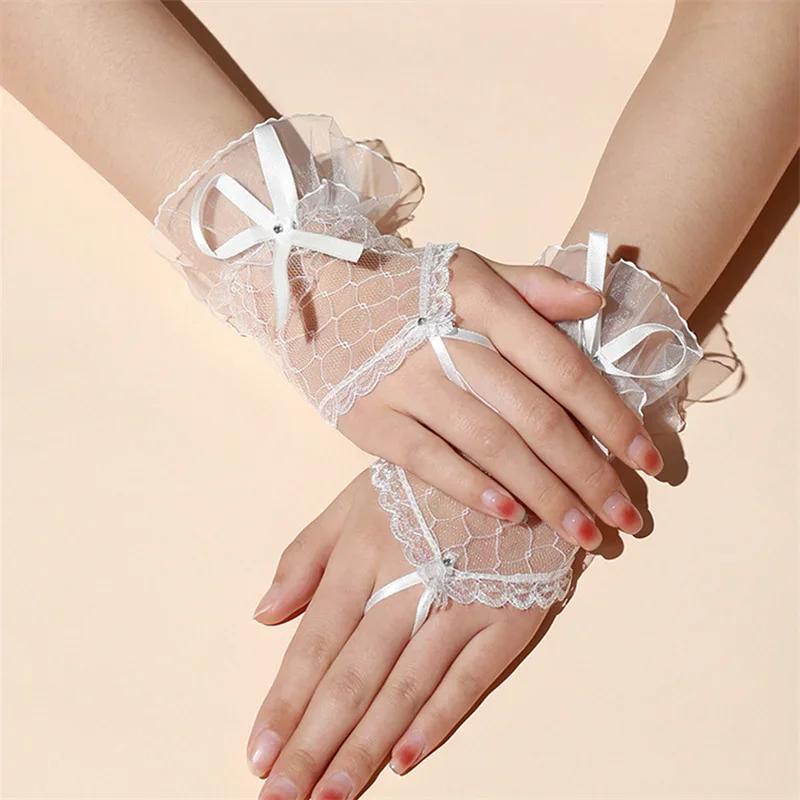 Guanti Corti in Pizzo da Donna Sposa Matrimonio Stile Lolita Manicotti in Rete con Fiocco di Nastro Fatto a Mano e Dito ad Anello Incollato