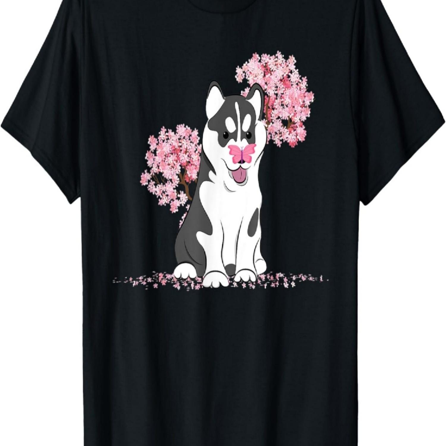 Kawaii Sakura - Cherry Blossom Husky Dog T-Shirt S