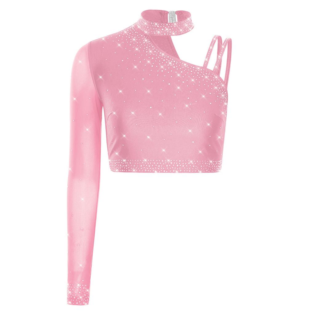 Womens Latin Dance Crop Top Single Long Sleeve Asymmetrical Shoulder Sparkly Rhinestone Top Belly Dancewear