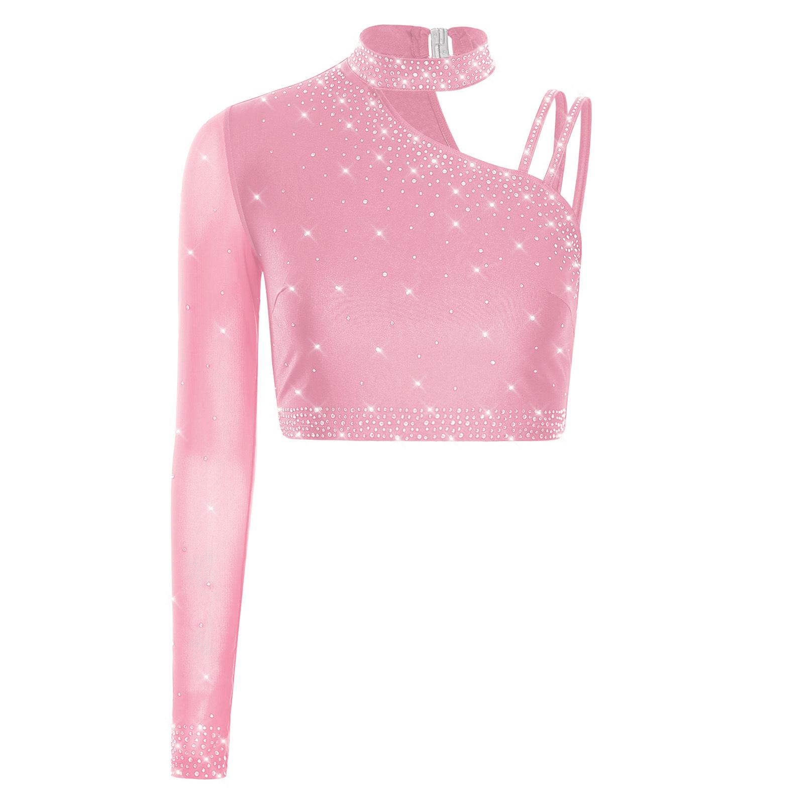 

Womens Latin Dance Crop Top Single Long Sleeve Asymmetrical Shoulder Sparkly Rhinestone Top Belly Dancewear S рожевий