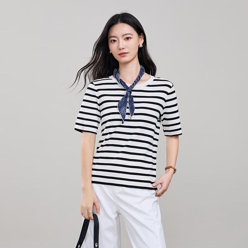 ESE-Y Women s Ice Silk Striped Short Sleeve Knit Top L
