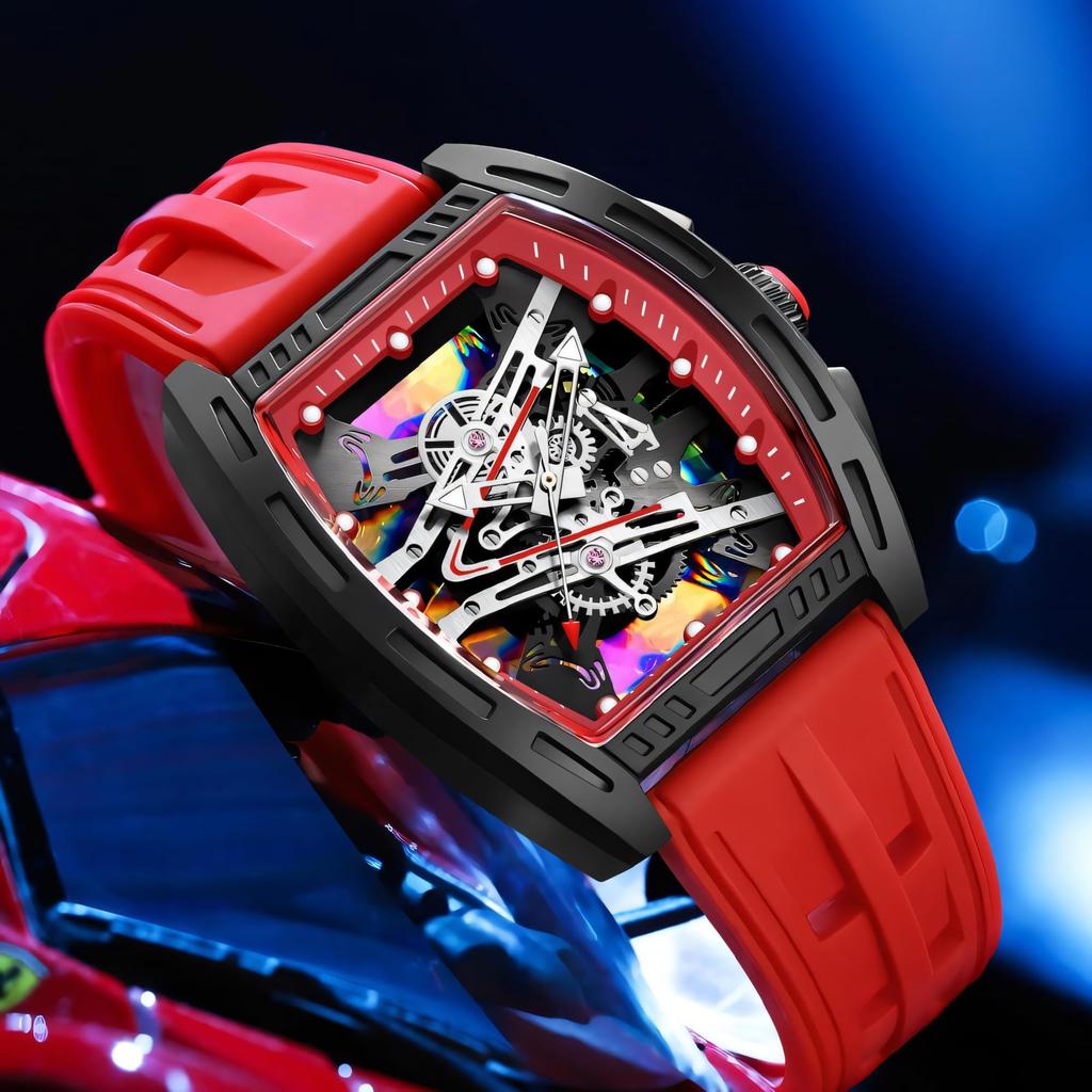 New Business Cool Wine Barrel Shaped Hollowed Dial Men's Wristwatch Silicone Strap Waterproof Luminous Quartz Male Watch