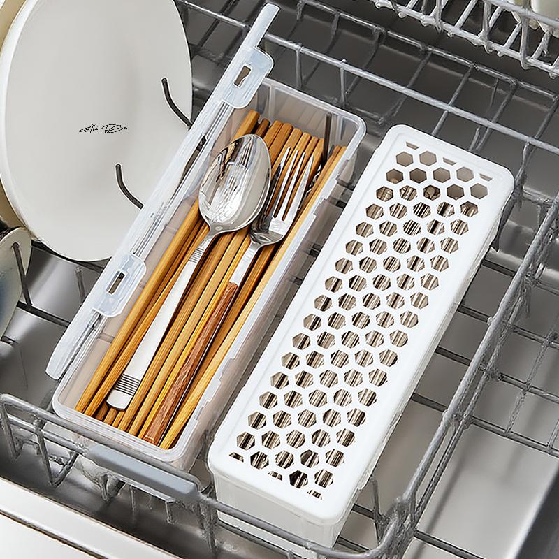 Plastic Dishwasher Tableware Cleaning Box with Chopstick Cage Spoon Drain Storage Rack - Kitchen Organizer Storage Basket Bag