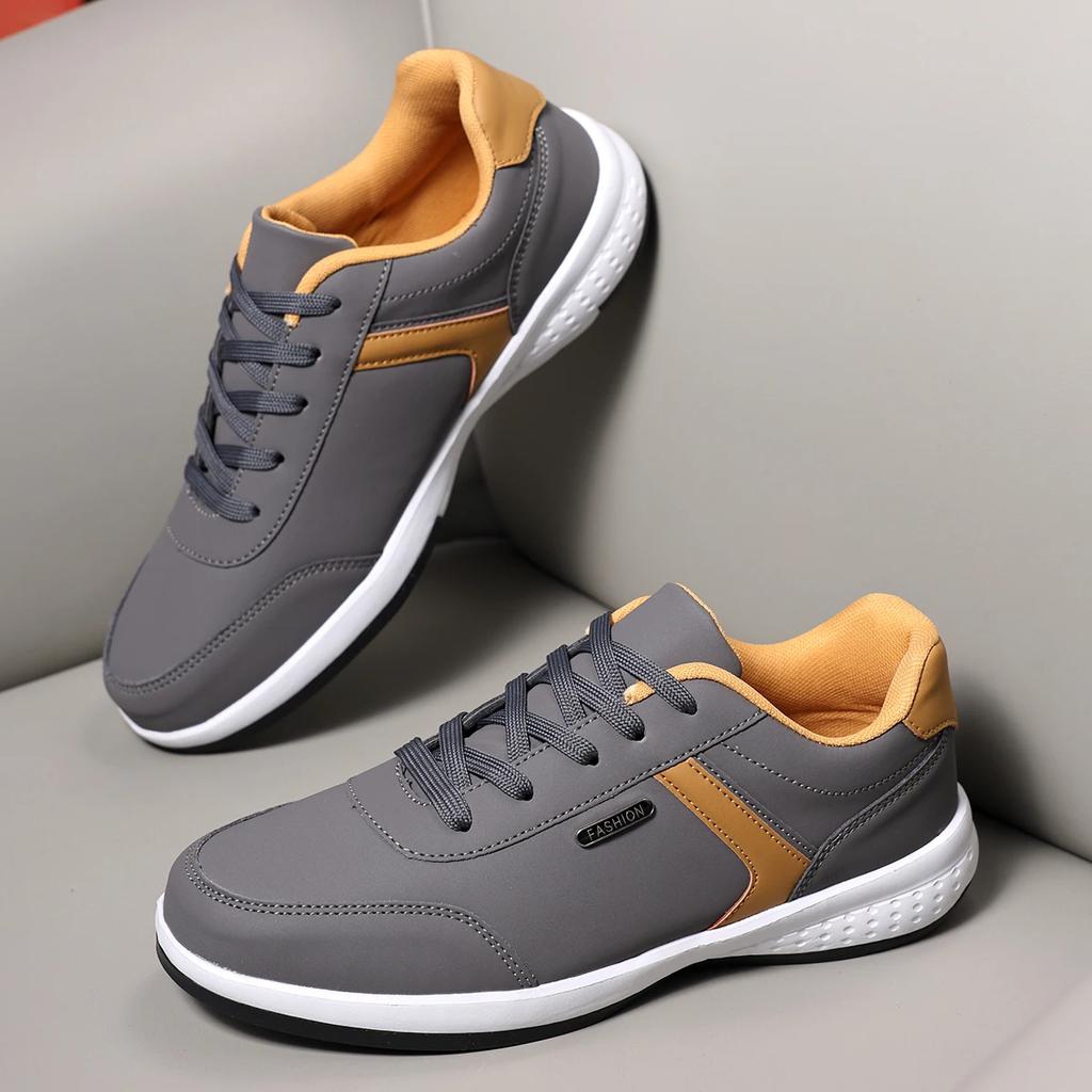 Men's Fashion Sneakers - Khaki Leather Comfortable Tennis Shoes Lace Up Large Thick Bottom Suitable for Daily Use Flat Shoes