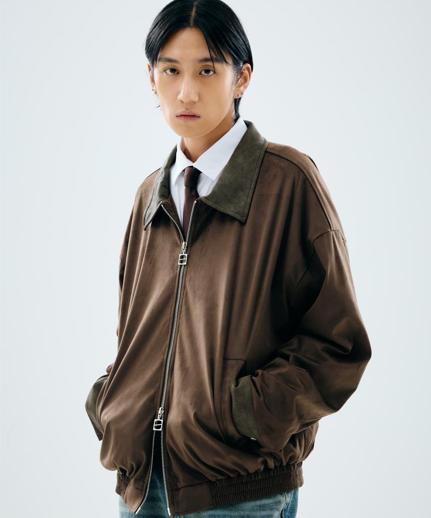 Piari Leather Blend Suede Blouson Jacket (Dark Brown)