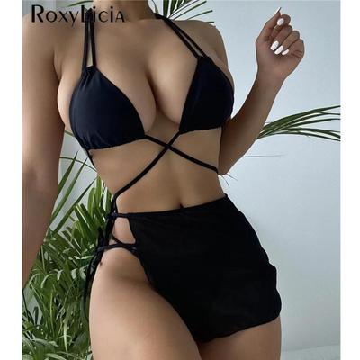 Sexy licou enveloppant autour de Bikini femme maillot de bain femmes maillots de bain trois pièces Bikini ensemble avec Sarong baigneur maillot de bain bain
