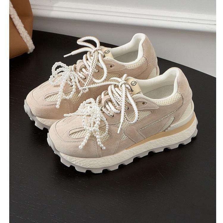 

College style increases, little white shoes for women 2025 new autumn popular high-value muffin thick-soled breathable dad shoes for women 40 абрикосовый