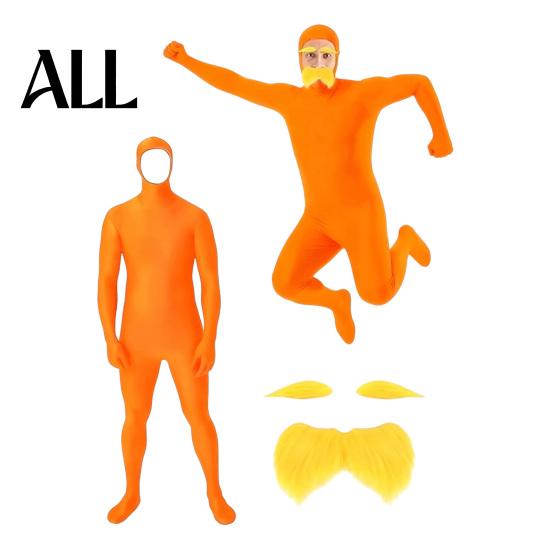 Lustiges Familienkostüm Gesicht Offen Halloween Kostüm, Unisex Ganzkörper Oranger Body mit Bart Langlebiger Cosplay Anzug Augenbrauen für Männer Frauen, Erwachsener