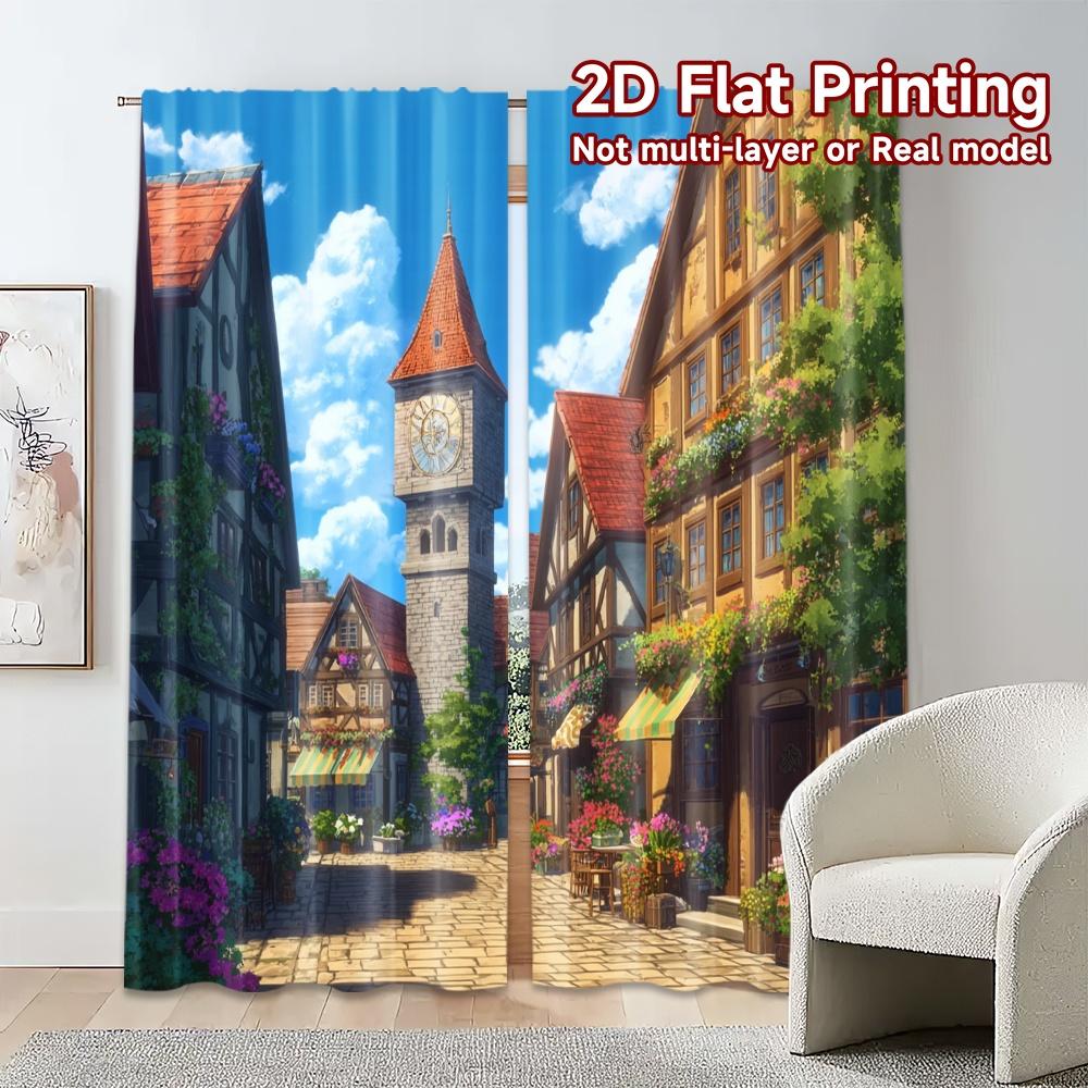 Set Of 2 Flat Printing Curtains Without Rod Charming Village View Popular Print Polyester Holiday Curtain