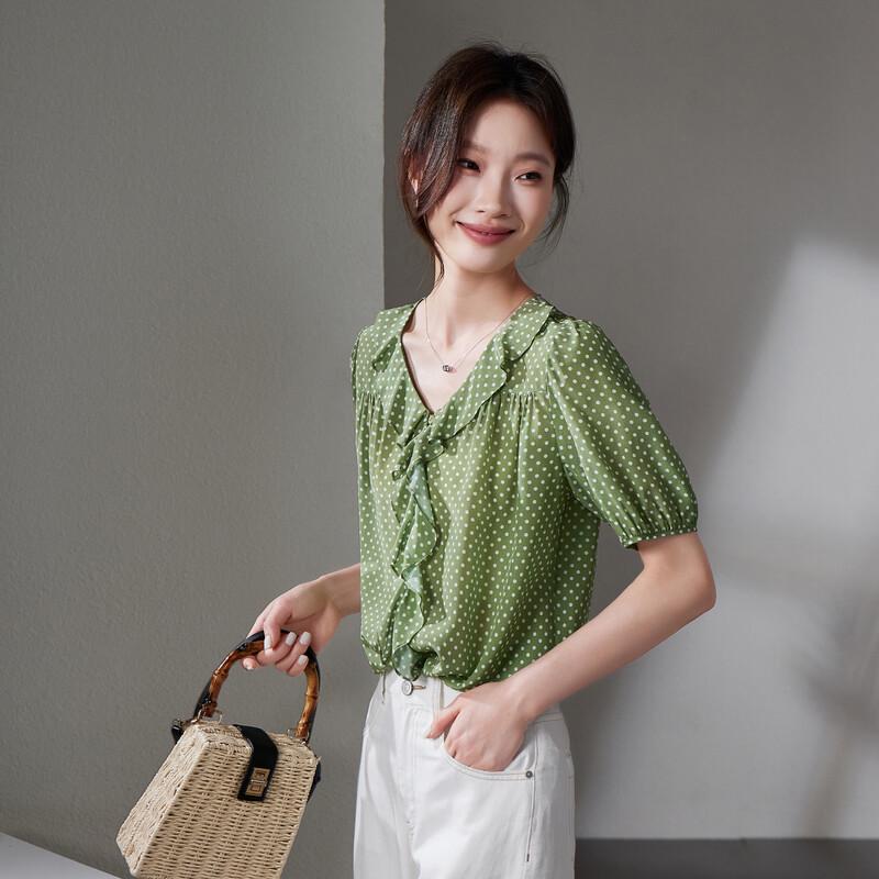 SOFSIL 2026 Summer Women s Printed Mulberry Silk V-Neck Short-Sleeve Shirt L