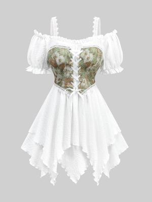 Rosegal Plus Size Sunflower Oil Painting Print Grommets Lace Up Ruffles Asymmetrical Cold Shoulder Top