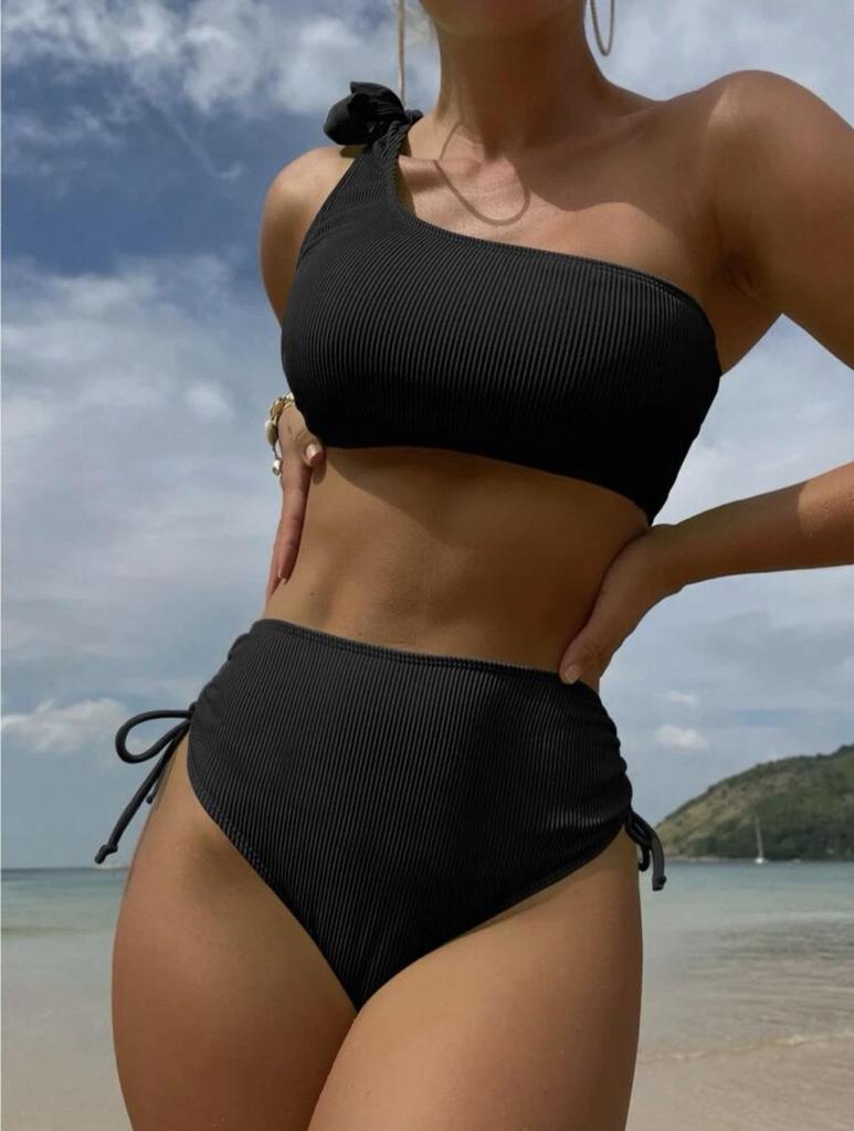 New European-American Sexy Solid Color Split Tethered Bikini Swimsuit for Women