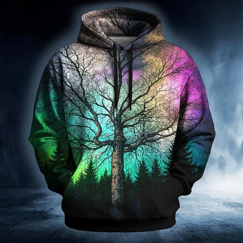 Colorful Stripes Graphic Hoodie For Men Rainbow Tree 3D Printed Sweatshirt Autumn Casual Pullover Unisex Long Sleeve Hoodies Top