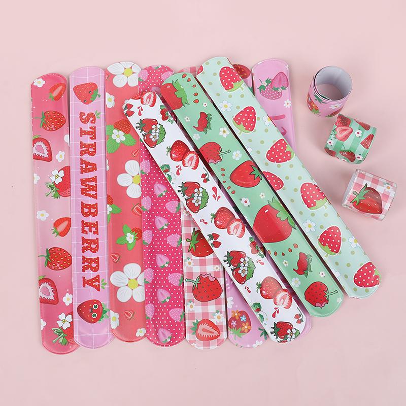 12Pcs Pink Strawberry Sweet Fruit Slap Bracelets Toy for Kids Girl Birthday Party Favors Baby Shower Guest Gifts Pinata Fillers