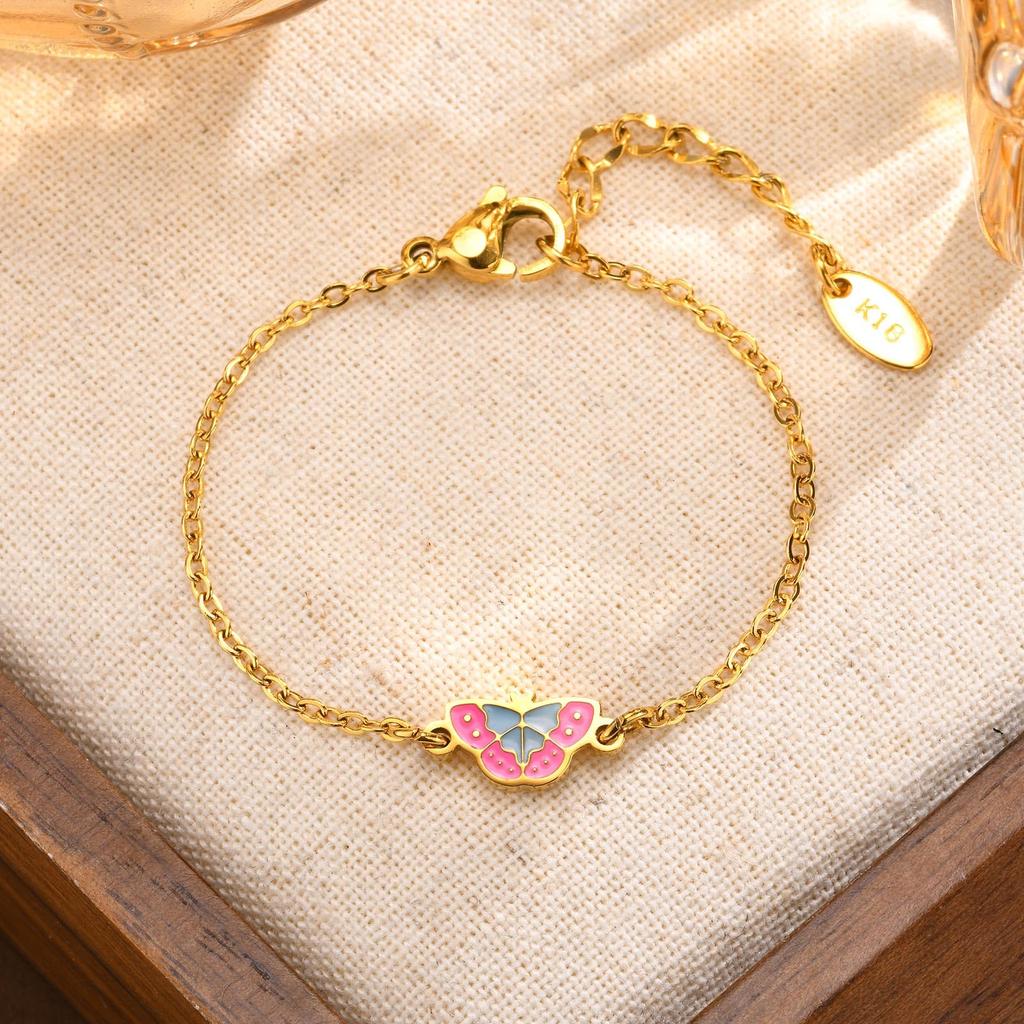 Rockyu Allure Gold Stainless Steel Bracelet with Butterfly Cute Baby Gift for Birthday Kindergarten Entry Stylish Accessory Kids' Charm, Adjustable,