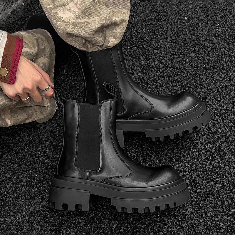 Herren lässige Bühne Nachtclub hohe Chelsea Stiefel schwarz trendige Echtleder Schuhe Cowboy Plateau Stiefel lang Motorrad Botas Mann