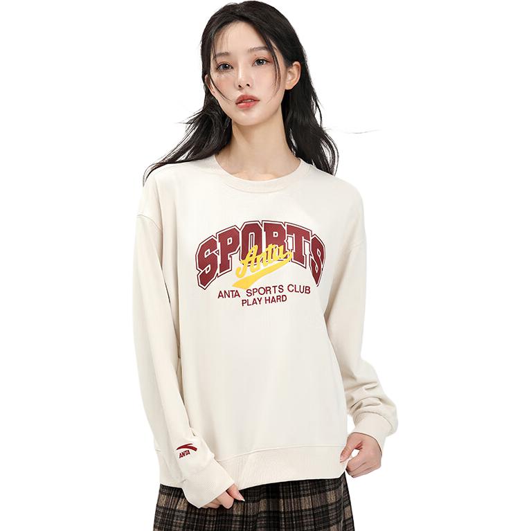 Anta Lifestyle Series Letter Round Neck Pullover Sweatshirt Women sweatshirt Stone-White 162338707-1