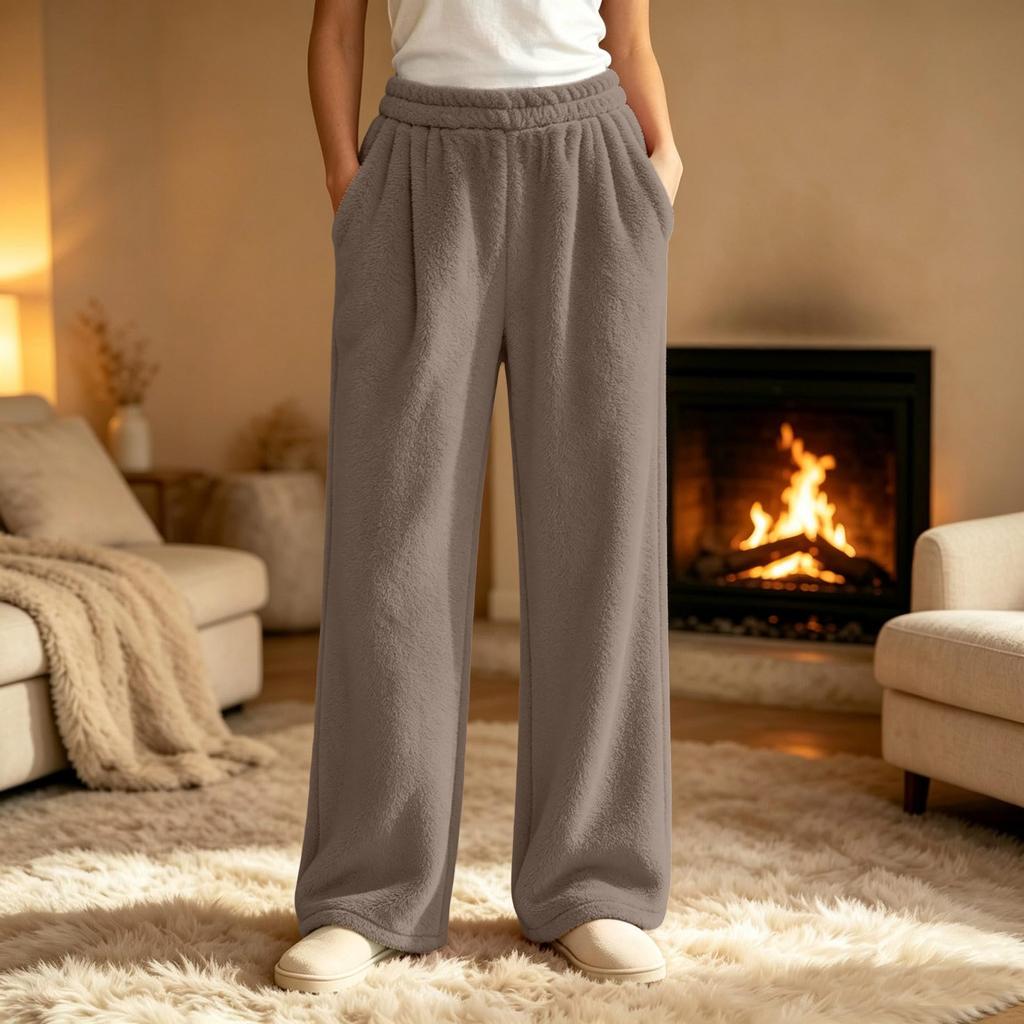 Pajama Pants Women Fuzzy Wide Leg Elastic Waist Trousers