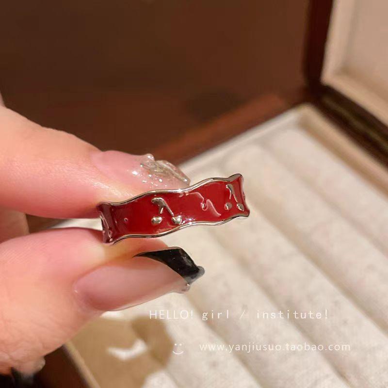 

Drop Glaze Red Flower Cherry Ring Retro White Vtage High Sense Light Luxury Versatile Finger Ring Female