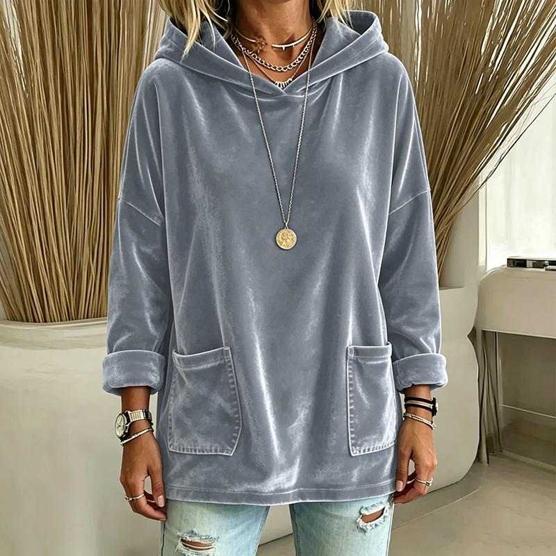 Women'S Solid Color Velvet Hoodie Oversize Long Sleeve Sweatshirt With Pockets Casual Loungewear Cozy Pullover Top