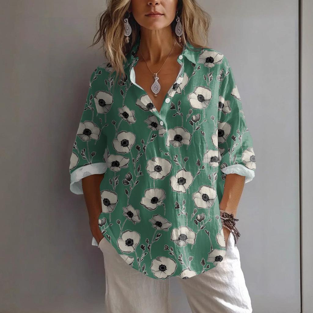 Chemise Pullover Décontractée à Revers et Manches Décontractées Imprimée Ample pour Femmes Printemps et Été