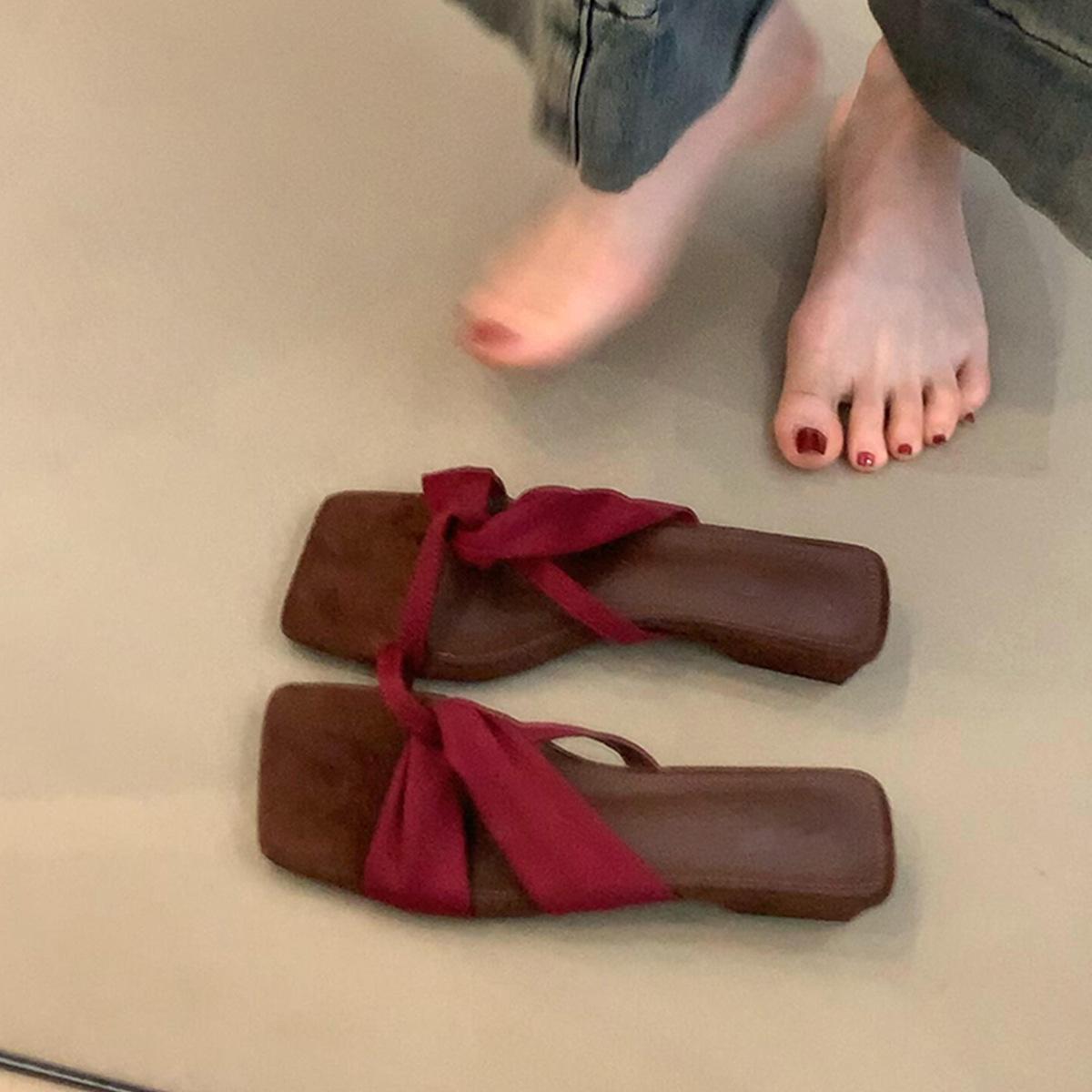 

Vintage cross with simple open-toed sandals women s low-heeled square head outer wear comfortable slippers 40 бордовый