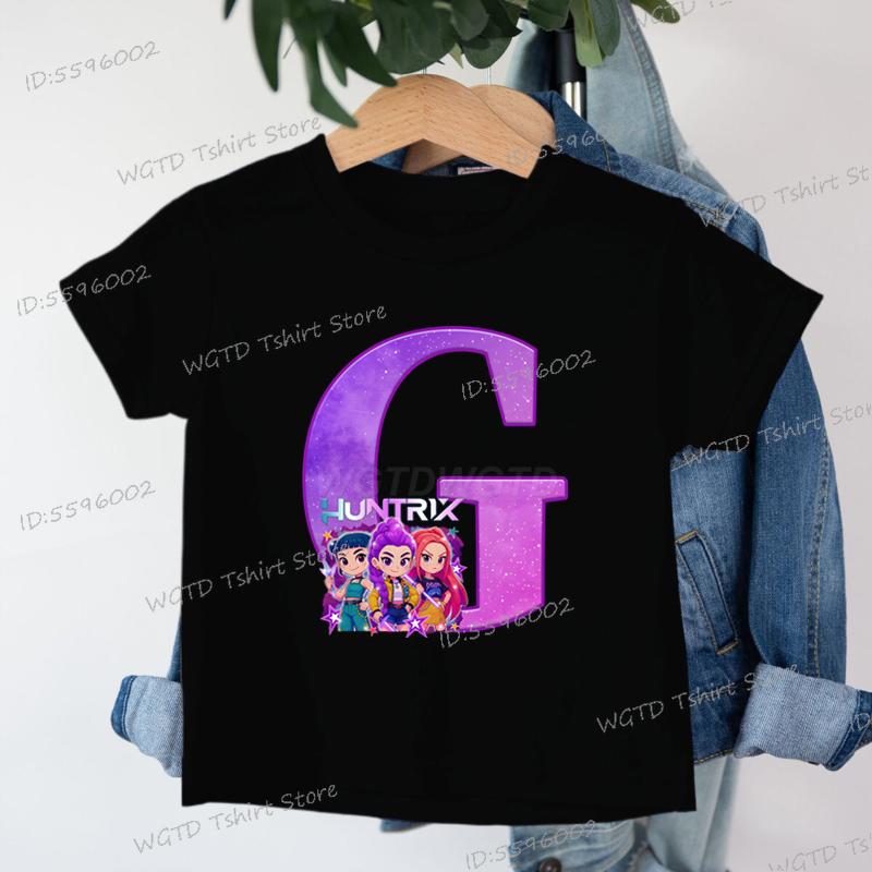 Clothes Child Girl KPop Demon Hunters Letters T-shirt for Children Cartoon Girls Boys Cotton Tee A-Z 26 Alphabet Kids Clothes
