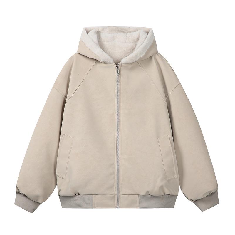 Zuo Shan Diao Winter Leather Jacket with Fur Collar - Couple Style, Plush Velvet, Thickened Cotton, Lychee Pattern