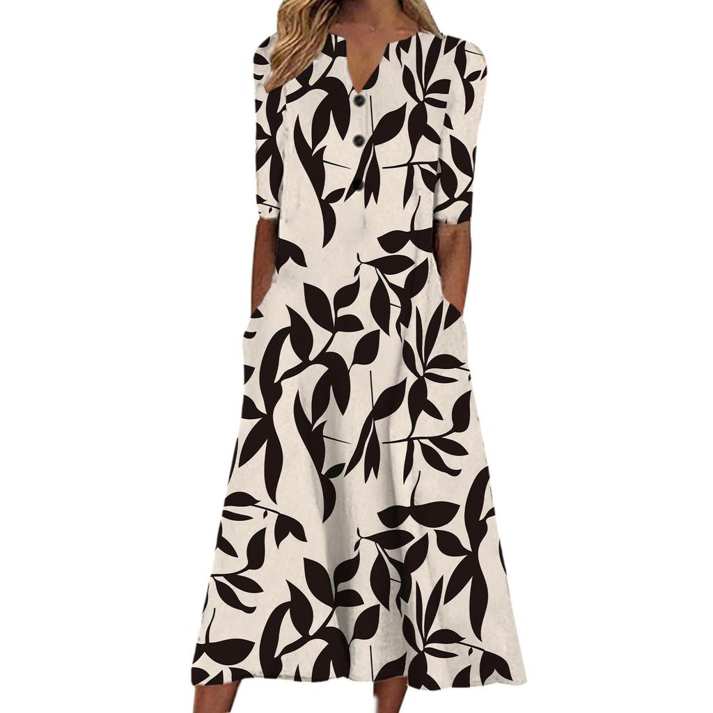 Floral Print V-Neck Mid-Sleeve Casual Dress with Pockets, Button Front, Loose Fit - White/Light Blue/Pink