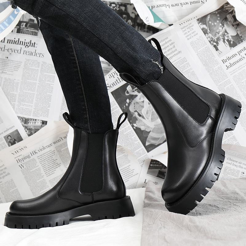 Thick-soled high-top black Martin boots men's leather boots 2025 autumn and winter new cotton boots soft leather men's shoes Chelsea boots