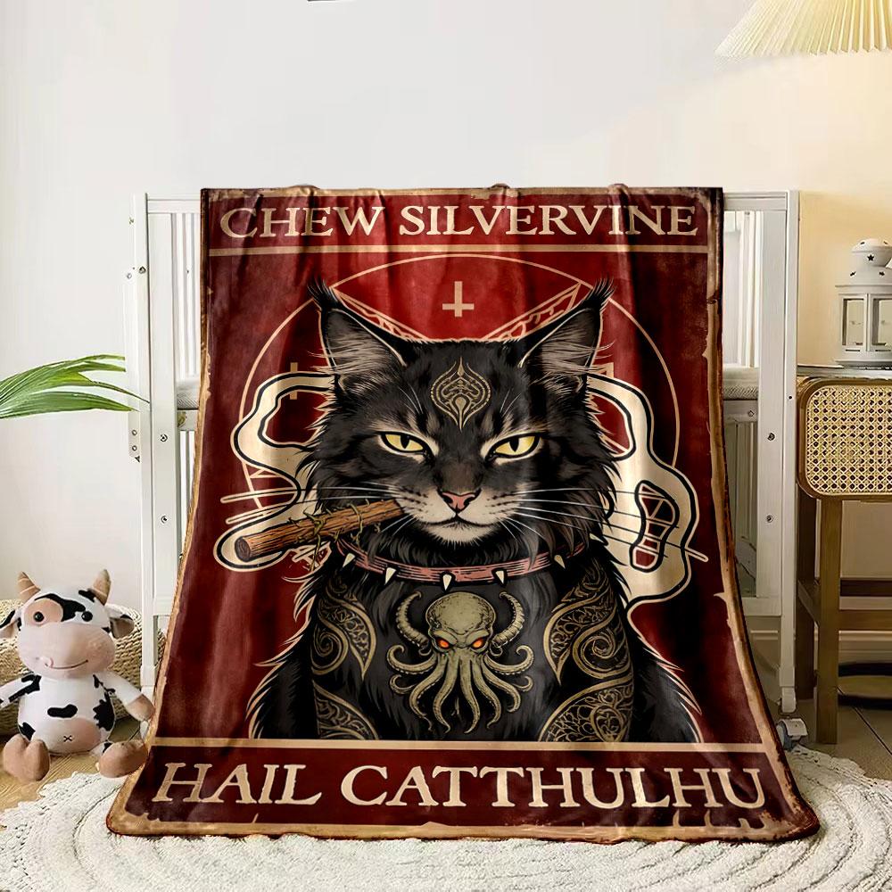 Intricate cat illustration featuring Cthulhu-themed motifs and bold text. for all seasons blanket lunch break throw gift 80cm x 120cm