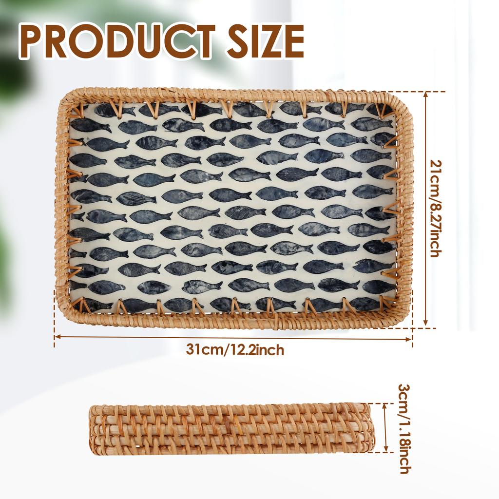Boho Rattan Food Tray Handwoven Rectangle/Round Decorative Rattan Basket Multifunction Fruit Snack Basket Home Kitchen Supplies
