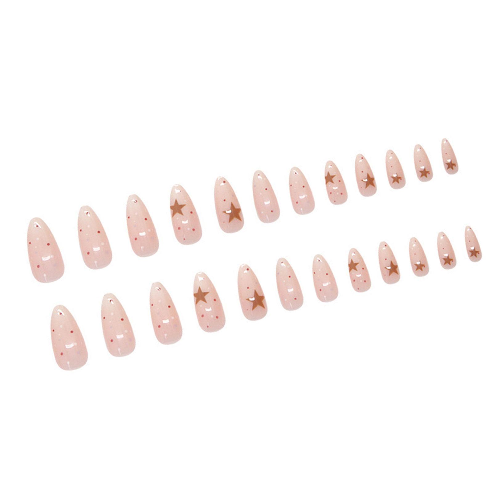 

24 шт. накладных ногтей с рисунком в виде звезд и горошка, милые накладные ногти, акриловые ногти, длинные, миндалевидные, с полным покрытием, наклеенные на ногти