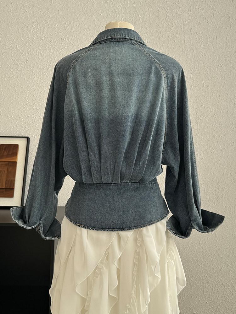 Women's Retro Denim Jacket: Lace-Up Waist, Collar, Long Sleeves, Short Loose Fit, Spring Style.
